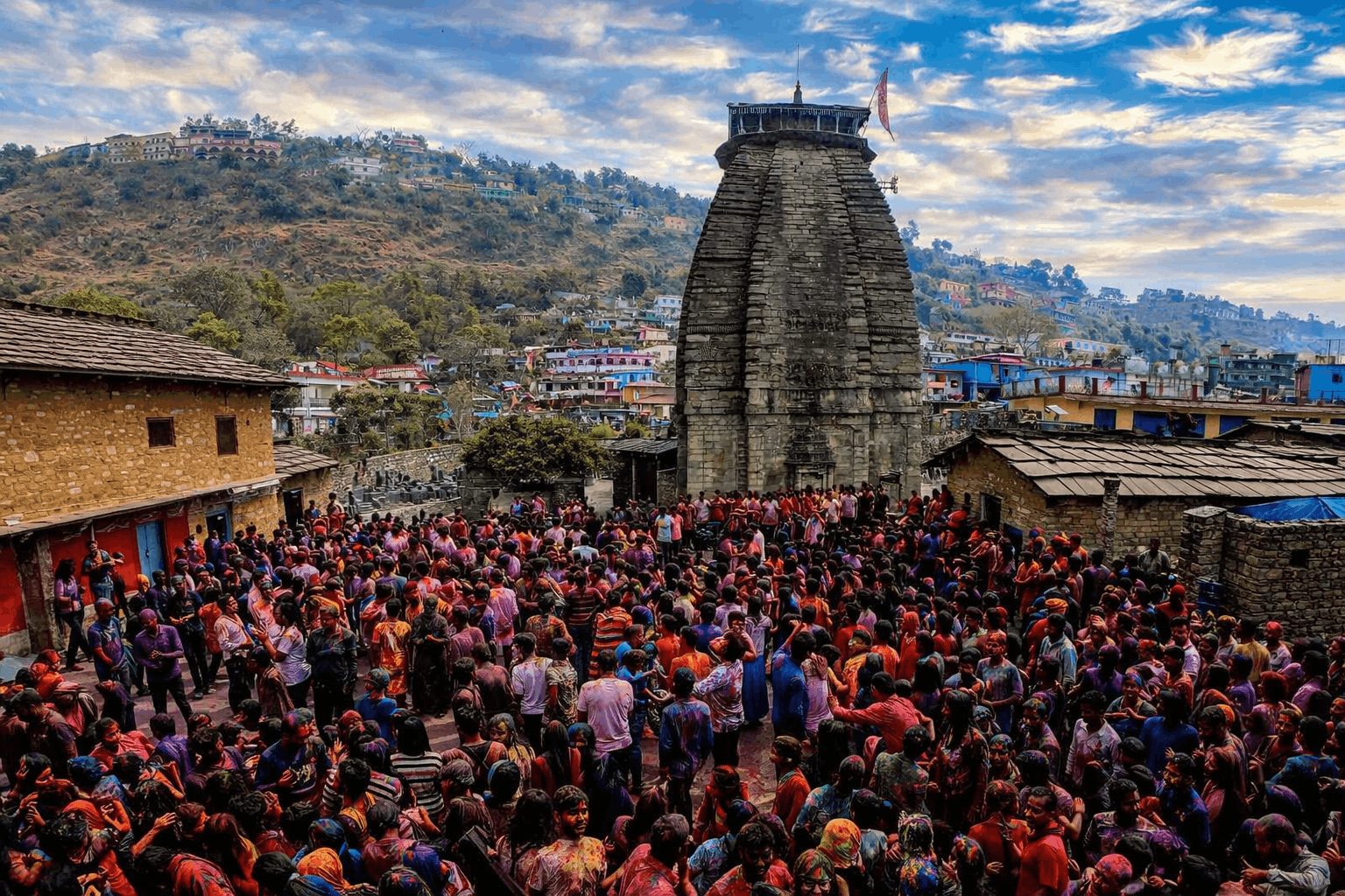 People celebrating Holi in Gopeshwar, Uttarakhand, with colorful gulal powder and the scenic Himalayan foothills in the background..